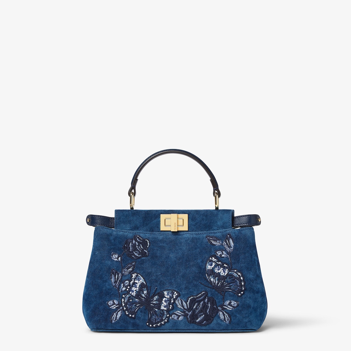 FENDI Peekaboo Mini Blue flocked denim bag with Night Butterfly embroidery - Image 1